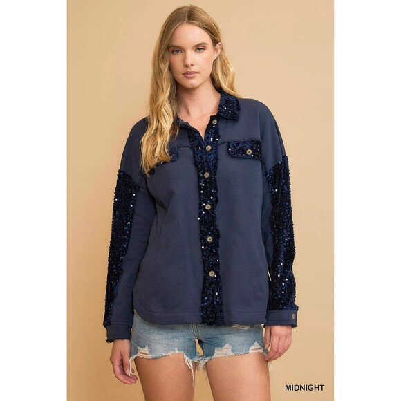 UMGEE Tops - Umgee Sequined French Terry Jacket Shacket